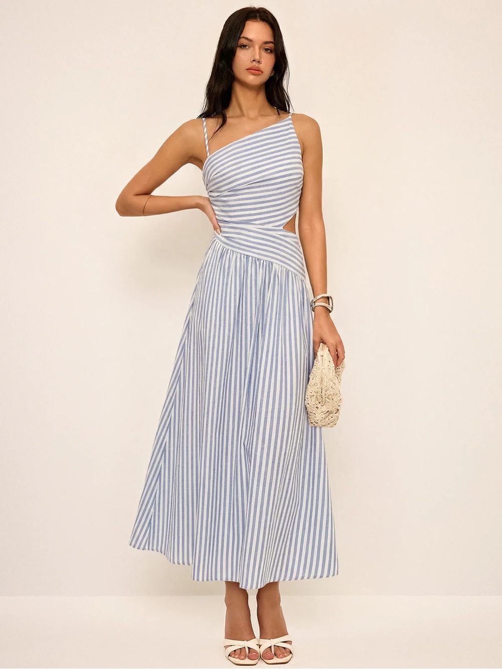 Commense Blue and White Striped One-Shoulder Midi Dress - Picture 1 of 6